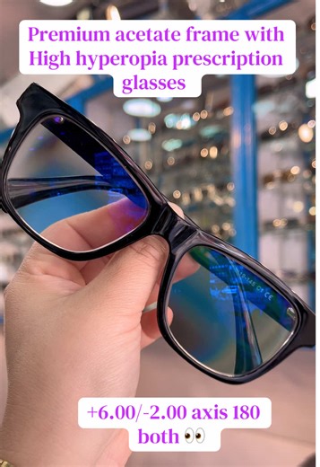 Premium acetate frame with High hyperopia prescription glasses. High-power lenses for severe hyperopia (farsightedness) are designed to correct vision by bending light rays more steeply, as the eye's focus point falls behind the retina. Due to the high plus-power ( SPH) prescription, these lenses must address issues regarding weight, center thickness, and the