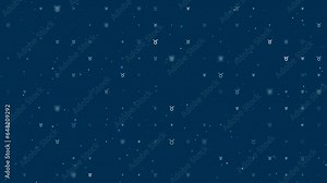 Template animation of evenly spaced zodiac taurus symbols of different sizes and opacity. Animation of transparency and size. Seamless looped 4k animation on dark blue background with stars