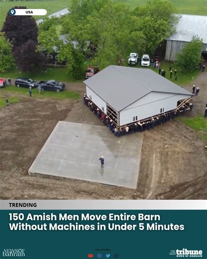 👉A stunning drone video from New York shows 150 Amish men lifting and moving an entire barn — without a single piece of heavy machinery. The relocation took less than 5 minutes, relying purely on strength, coordination, and teamwork. Read more news @ www.newsofbahrain.com #NewsofBahrain #news #Bahrain #Amish #DroneFootage #ViralVideo #HumanPower #Tradition #Teamwork #IncredibleMoments #NoMachines #MadeByHand | News Of Bahrain