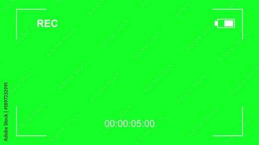 Green screen camera recording frame with REC icon and timecode overlay. Minimal horizontal 4K video background for chroma key editing and compositing