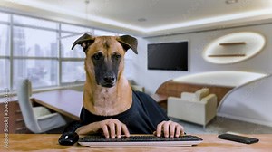 Dog with human hands sitting at a desk and typing on his computer wearing a black shirt in an office background