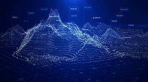 Digital topographic map with glowing data points and futuristic data analytics. Technology big data and geospatial concepts. Future abstract background 4k