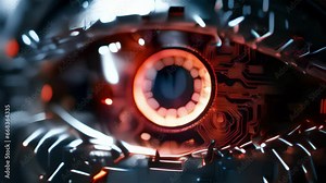 Closeup of a cybernetic eye scanning and analyzing a networks vulnerabilities before launching a devastating attack. The eyes glowing red iris reflects the destruction and chaos it is about