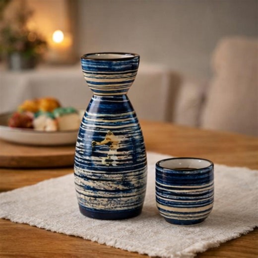 Blue Japanese Sake Set – Ceramic Tokkuri Bottle With Ochoko Cups - Etsy