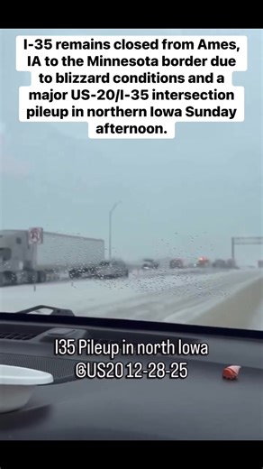 I-35 remains closed from Ames, IA to the Minnesota border due to blizzard conditions and a major US-20/I-35 intersection pileup in northern Iowa Sunday afternoon. A 14-car pileup was seen on that stretch. Interstate closures in effect as of 5:20 PM. Look at the scene: 🎥 Heather Rachu #iawx #Blizzard #US20 #IowaWeather #StormUpdates #PublicSafety | Chicago & Midwest Storm Chasers