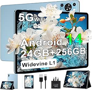 Tablet 11 inch, 2025 Android 14 Tablet with 24GB RAM 256GB ROM ( 1TB Expand ), Octa-Core Tablets with 13MP+5MP Camera, 8000mAh, IPS HD Touch Screen, 5G WiFi Widevine L1, GPS, Split Screen -Metal Blue