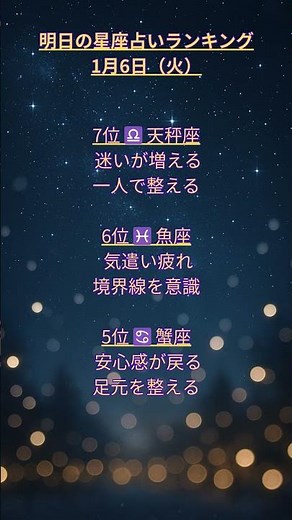 【毎日更新】明日の星占い★12星座ランキング｜2026年1月6日版｜整えることで続いていく#星占い #12星座 #明日の運勢 #調整