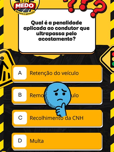 Você sabe qual é a penalidade por ultrapassar pelo acostamento ou em passagens de nível? Essa questão cai nas provas do Detran e muita gente erra na hora de identificar a penalidade correta. Salve esse vídeo e não erre mais! 🚗⛔🛣️ #quizdetransito #autoescolaonline #perguntaserespostas #quizdeperguntas #jogodeperguntas #autoescola #cnhdobrasil #carteirademotorista #simulado #quiz #infracoesdetransito