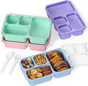 Bento Box for Adults and Snack Containers Set of 4 - Stackable, with 4 Compartments, Microwave & Dishwasher Safe, BPA Free - Reusable Meal Prep Containers for Kids and Adults (4 Colors)