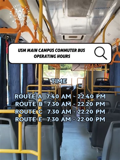 Need to catch the bus around campus? 🚌 Stay updated with the USM Main Campus Commuter Bus operating hours to help plan your daily movement with ease. Whether you’re heading to class, the library or anywhere in between, knowing the schedule makes campus life smoother. Watch the video for the full details and save it for reference. #USM #WeLead #MPRC