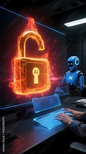 A futuristic cyber security artificial intelligence data protection firewall hacker neon digital lock cyber attack code monitoring futuristic lab as ai robot observes open fiery padlock with ai