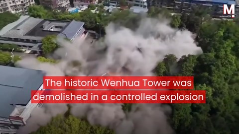 Explosive demolition of iconic Chinese temple captured by drone