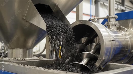 Seamless loop of dark granular input bulk material continuously feeding from a massive industrial hopper directly into the twin screw extruder feed throat opening chemicals, science, powder