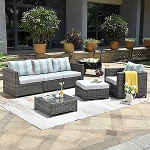 HOOOWOOO Patio Furniture Outdoor Sectional Sofa Set with Sunbrella Cushion,Assembly Free 6 PCS Patio Conversation Set with Aluminum Frame,PE Wicker Big Outside Rattan Set with Patio Cover