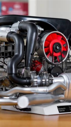 Back in Stock! This working Scale Engine Model honors the Porsche 911 Turbo, a technological trailblazer in the field of high-performance sports cars, where the then new turbo technology was installed in the six-cylinder Boxer from Zuffenhausen in 1975. The transparent casing helps you see all parts move just like the real thing. Enjoy assembling this from 200 individual parts which fit together (no glue needed!). Also comes with a comprehensive Collector's Manual. | Pelican Parts | Facebook