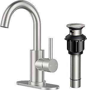 FORIOUS Single Handle Bathroom Sink Faucet 1 or 3 Hole Brushed Nickle, 360° Swivel Gooseneck Spout, Lead-Free, with cUPC Hose and Metal Pop Up Drain, Suitable for Bar Kitchen RV Vanity