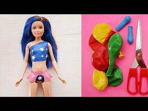 BARBIE DOLL HACKS :How to make Doll bathing suits in 5 MINUTES:Balloon Barbie Clothes:No Sew No Glue