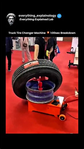 Everything Explained Lab on Instagram: "The post features a 1:00-minute TikTok video demonstrating a truck tire changer machine, where a heavy-duty tire is rotated and handled using powered clamps and controlled lifting mechanisms. Originally shared on TikTok by @auto_equipment_tools, the clip highlights how garage equipment is designed to safely manage large commercial tires while reducing manual effort and improving efficiency. The breakdown has already gained over 2.6 million views, attractin