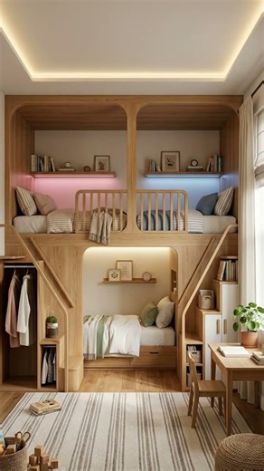 😲 3 Beds in One Tiny Room — Dual Stair Loft Design That Changes Everything #roommakeover #shorts