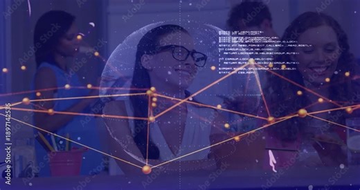 Network overlay fading in revealing software developer typing code and collaborating with team