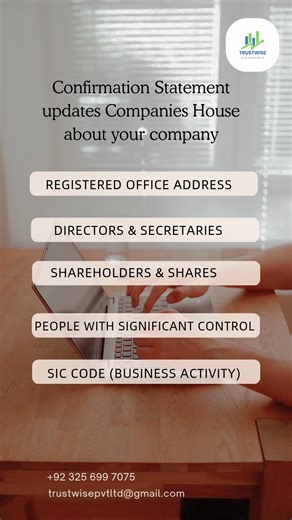Keep Companies House updated with your Confirmation Statement. 𝑻𝒓𝒖𝒔𝒕𝑾𝒊𝒔𝒆 𝑨𝒄𝒄𝒐𝒖𝒏𝒕𝒂𝒏𝒕𝒔 handles your Confirmation Statement filing. - - #TrustWiseAccountants #ConfirmationStatement #CompaniesHouse #UKBusiness #BusinessCompliance #UKCompany #Directors #Shareholders #PSC #SICCode | TrustWise Accountants