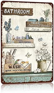 Vintage Farmhouse Bathroom Metal Tin Signs Rustic Flower Country Wall Art Decor 8X12 Inches