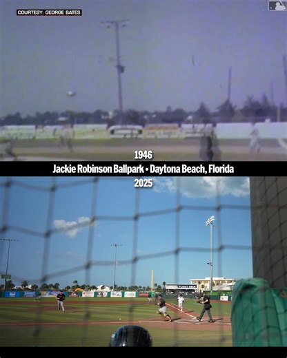 Jackie Robinson’s first Spring Training in 1946 was captured on film by Robert Bates, who was taking video of his two sons as batboys. Jackie can be seen here wearing No. 9, which he wore until donning his now-famous No. 42 the following year. That same field is in use today by the Daytona Tortugas, the Single-A affiliate of the Cincinnati Reds, and is now known as Jackie Robinson Ballpark. | MLB