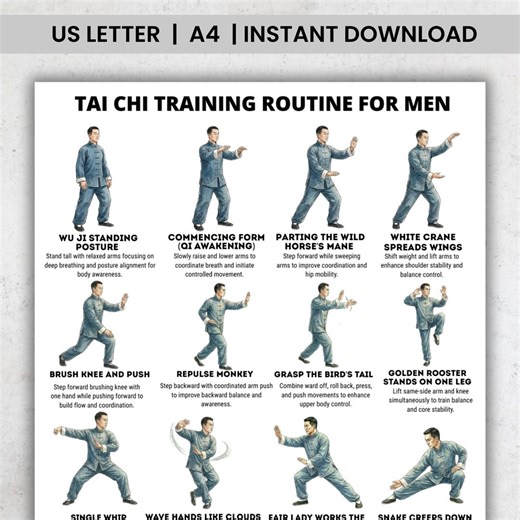 Tai Chi Exercises Printable Poster PDF, Tai Chi Workout Routine Chart, Balance Training, Home Practice for Men - Etsy