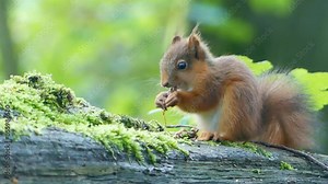 Closeup footage of an Eurasian red squirrel standing on a tree branch in the woods eating