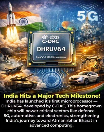 StockMarketDiaries on Instagram: "🇮🇳🚀 India Powers Up Its Tech Future! India marks a historic leap in indigenous technology with the launch of DHRUV64, its first homegrown 1.0 GHz microprocessor developed by C-DAC. This breakthrough strengthens self-reliance across defence, 5G, automotive, and electronics, accelerating India’s vision of Atmanirbhar Bharat in advanced computing. #DHRUV64 #MadeInIndia #TechMilestone #CDAC #AtmanirbharBharat IndianInnovation Semiconductor DigitalIndia FutureTech