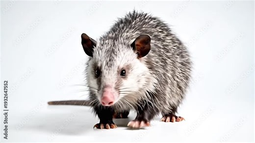 A close-up view of an opossum in a studio setting. The opossum with gray and white fur, pink nose and a long tail