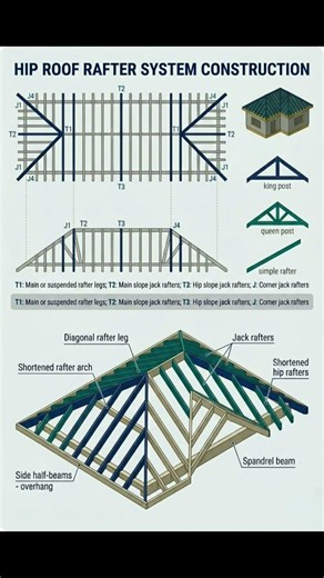 Hip Roof Rafter System Construction | Roof Structure #Shorts