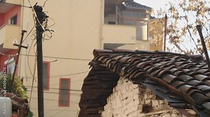 Old Balkan House with Traditional Clay Roof Tile in CIty, Close Up