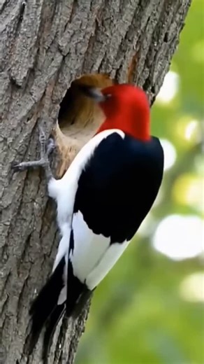 Luis on Instagram: "Woodpeckers are unique birds known for drumming on trees with their strong beaks to find insects, communicate, and create nesting cavities. Their skulls and neck muscles are specially adapted to absorb impact, preventing injury. With long tongues to extract prey and stiff tail feathers for support, woodpeckers play an important role in forest ecosystems by controlling insect populations and creating homes for other species. 🐦🌳 - #bird #woodpecker #funny #humor #aiwithluis"