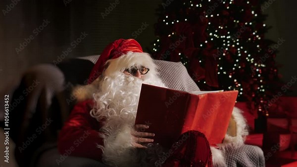 Santa sits in a chair near the Christmas tree and reads a book. Concept for celebrating Christmas and New Year.