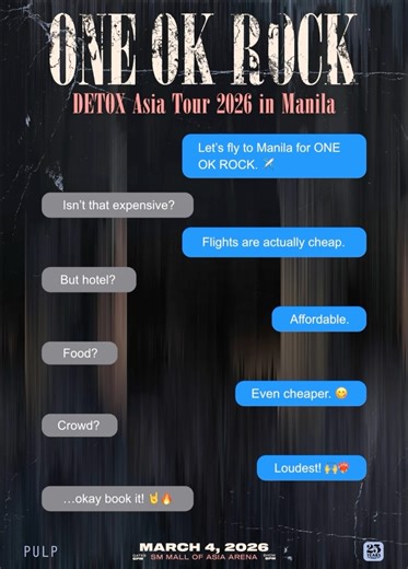 Any international OORer still planning to see ONE OK ROCK live on this tour? 🌏 Why not make it Manila? 🇵🇭🔥 The energy of the Filipino crowd hits different, and we’re ready to welcome you on March 4, 2026, for the ONE OK ROCK DETOX Asia Tour 2026 in Manila, at the SM Mall of Asia Arena! 👋 Limited tickets are left, so this might be your sign to book that flight and experience an unforgettable night with fellow OORer by the Manila shore. ✈️ Secure yours now at SM Tickets outlets or online: htt