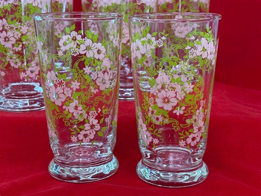 Vintage Libbey Set of 7 Footed Drinking Glasses Tumblers Pink Floral Green Scrolls | 8 Ounce, 5 1/2 In. H - Etsy