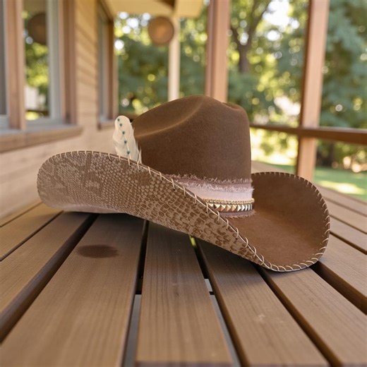 100% Wool Tan Cowboy Hat With Snakeskin Leather Handstitched to Brim - Etsy