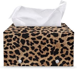Leopard Print Rectangular Tissue Box Cover for Home, Leather PU Tissue Dust Cover, Cubiod Tissue Box Holder with Buttom Belt Large Capacity