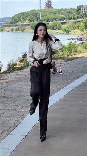 Elegant Riverside Walk | White Satin Top & Black Wide-Leg Pants ✨🌊🖤