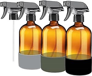 Amber Glass Spray Bottles with Silicone Sleeve 3PACK - Refillable 17oz Containers for Essential Oils, Plants, Cleaning Solutions, Hair Mister-Upgraded Noozle with Mist and Stream Setting