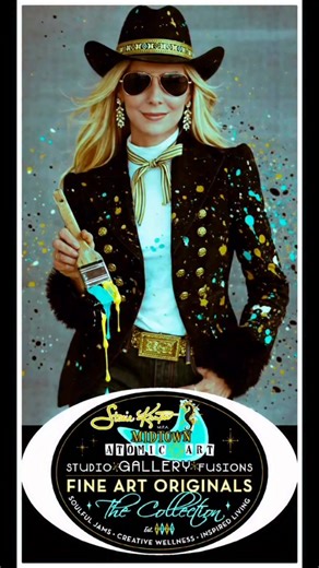 Gold buttons. Turquoise splatter. Boots ready to kick doors open — politely, of course. This is fine art with backbone. Mid-century modern swagger with sand in the boots soul. Built by a woman who doesn’t wait for permission — she paints her own rules. The Atomic Art Gallery ~ Studio ~ Fusions is coming soon, and we’re doing it the classic way: Originals only. Style required. Grit included. Cool doesn’t chase trends. It rides in, tips its hat, and signs the work. 🎨✨🤩🌴 Grand Opening — January 