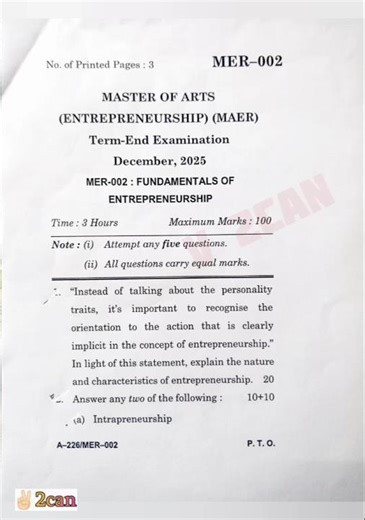 Fundamentals of Entrepreneurship|Question paper|