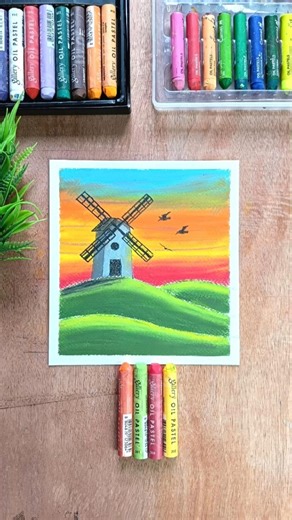 😍✨Easy Oil Pastel Windmill Drawing Tutorial #oilpastel #drawingtutorial #shorts #new