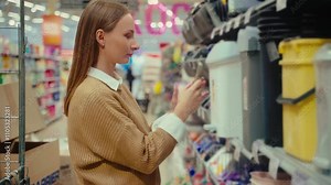 A person is scanning food flakes with a smartphone in a grocery store aisle, checking product details and nutritional labels while browsing various options. The setting is colorful and vibrant.