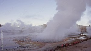 Water steam rising in slow motion from a El Tatio Geyser Field. Third-largest geyser field in the world.