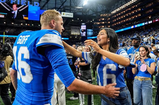 Jared Goff's wife Christen reacts as Lions QB Kyle Allen and his wife Summer announce pregnancy