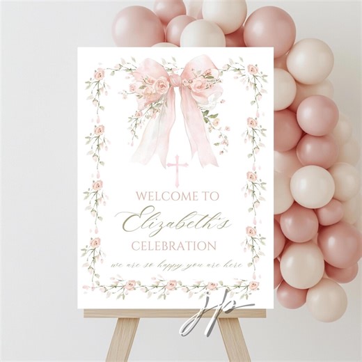 Pink Flower Bow 1st Holy Communion Welcome Sign Vintage Floral Baby Girl Christening Decor Editable Cross Baptism Party Board Template - Etsy