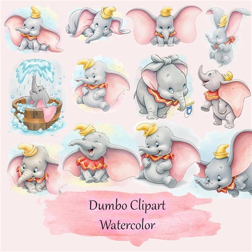 Dumbo Watercolor Clipart, Cartoon Elephant PNG (digital Download) - Etsy