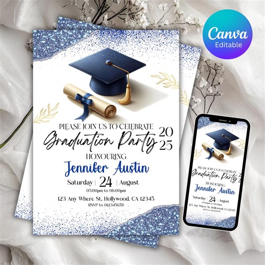 Graduation Party Invitation, Class of 2025 Invite, Blue Graduation Announcement, Self-editable Digital Download, Printable Grad Card - Etsy